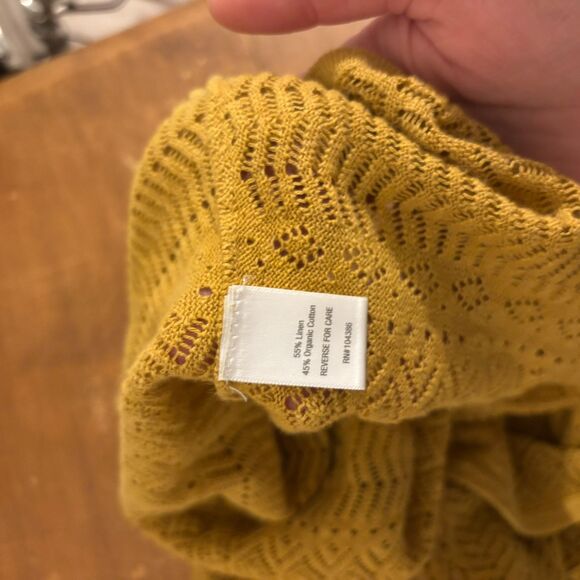 Garnet Hill size Large Linen Cotton Blend Open Knit Mustard Yellow Cardigan - Picture 3 of 5